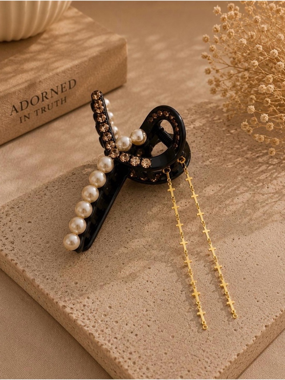 Pearl & Crystal dark brown Hair Claw with Gold Chain Accents